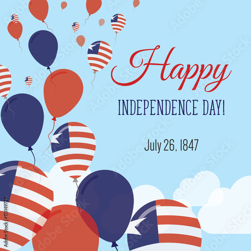 Independence Day Flat Greeting Card. Liberia Independence Day. Liberian Flag Balloons Patriotic Poster. Happy National Day Vector Illustration.