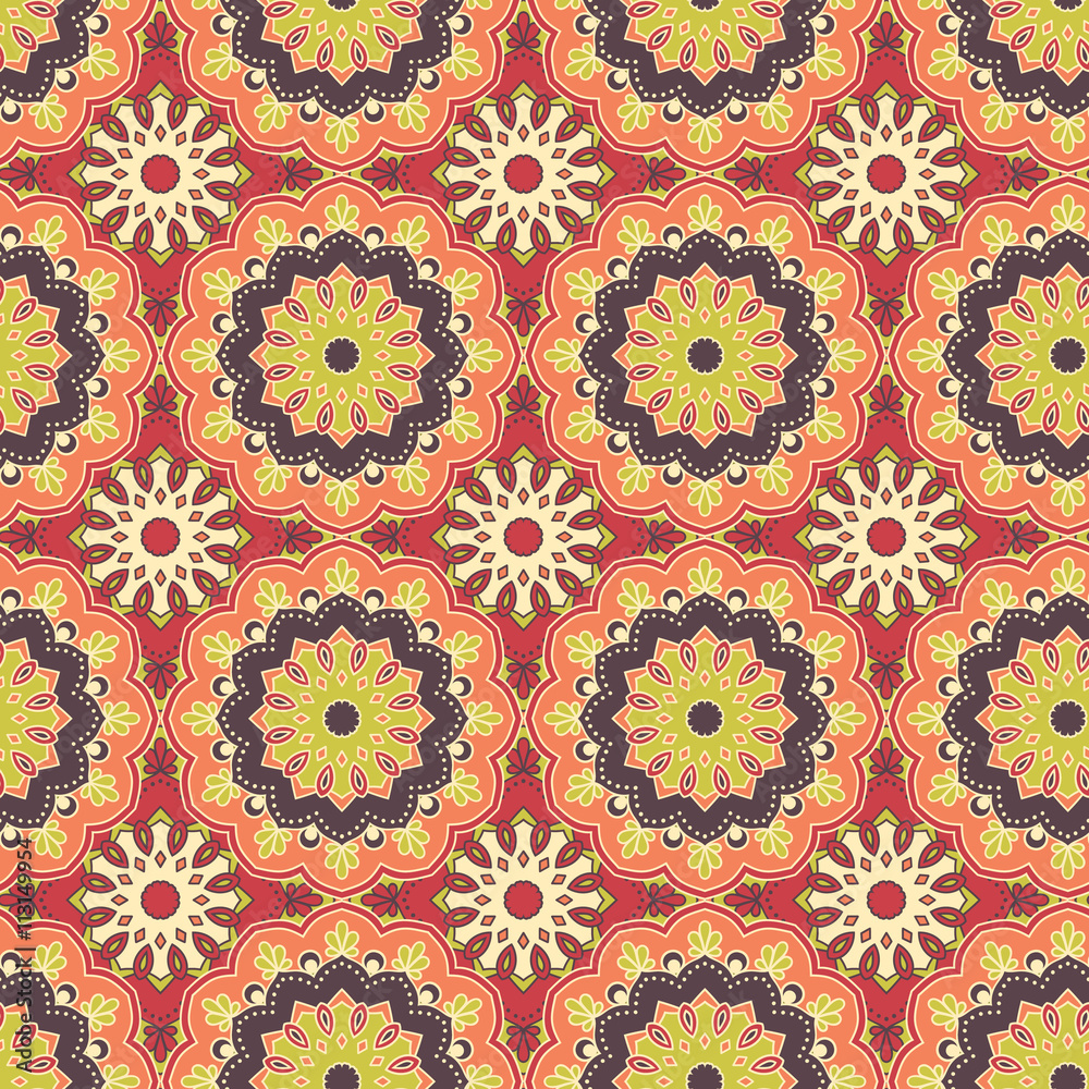 Seamless hand drawn mandala pattern. Vintage decorative elements. Colorful background. Islam, Arabic, Indian, turkish,ottoman motifs. Perfect for printing on fabric or paper. Vector