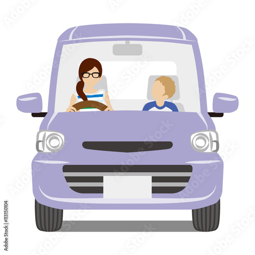 Mom and son riding the Purple car,Front view - Isolated