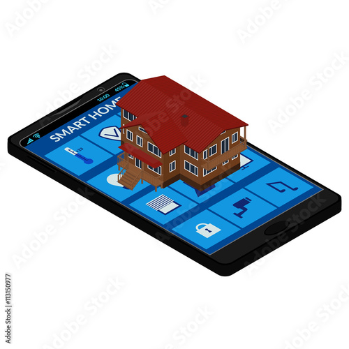 vector illustration. The smartphone interface with icons to control smart home. building of the house. isometric, 3D