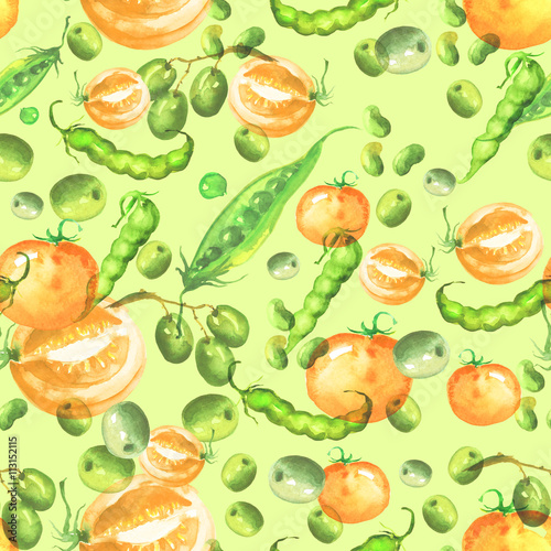      Watercolor seamless pattern. Olives  slices  twigs  peas  beans  berries  vegetables on a white background 
