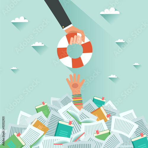 Drowning student getting lifebuoy. Pile of books and Overwhelmed student. Too much study. Student's hand drowning in books. Education concept. Vector flat colorful illustration