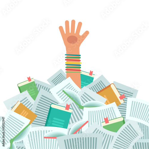Pile of books and Overwhelmed student. Too much study. Student's hand drowning in books. Education concept. Vector colorful illustration isolated on white