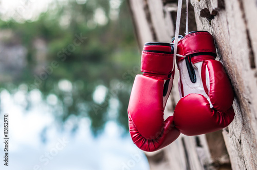Photography boxing gloves are suspended on a rock