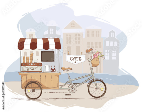 Coffee house on bicycle.  Vector illustration on the theme of street food.