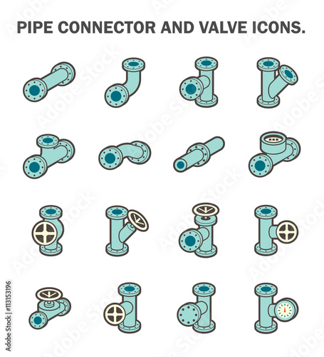 Pipe icon and flange fitting. Include control valve and pressure gauge. For pipeline construction and transportation liquid or gas i.e. oil, natural gas. Also for sewage, plumbing and irrigation.