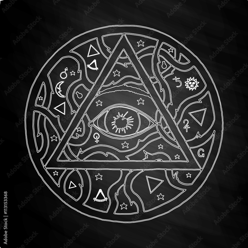 All seeing eye pyramid symbol in tattoo design on chalkboard All seeing eye pyramid symbol in tattoo design on chalkboard