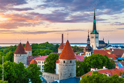 Cityscape of old town Tallinn at sundown, Estonia