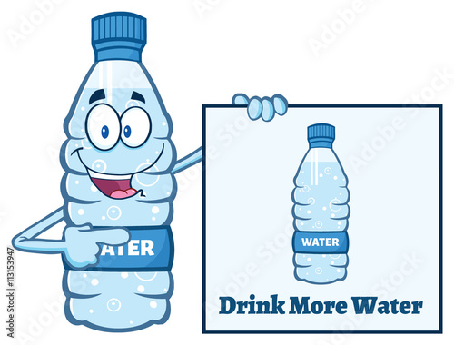 Cartoon Illustation Of A Water Plastic Bottle Mascot Character Holding And Pointing To A Banner With Text Drink More Water