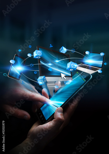 Businesswoman connected tech devices and icons applications with