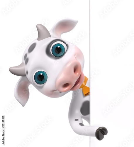 Cartoon cow with poster  3d rendering