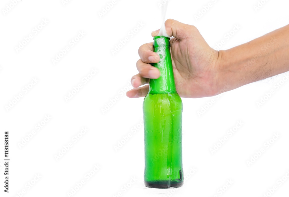 Hand holding the glass bottles for beer, alcohol or other beverage industry isolated on white background.
