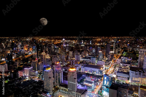 Top view of the colorful nightlife of Bangkok on the night of the full moon.