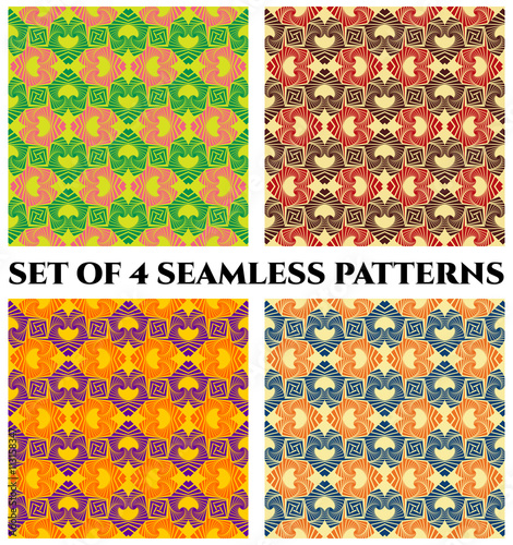 Set of 4 trendy seamless patterns with decorative ornament of pink, green, beige, red, brown, violet, orange, yellow and blue shades