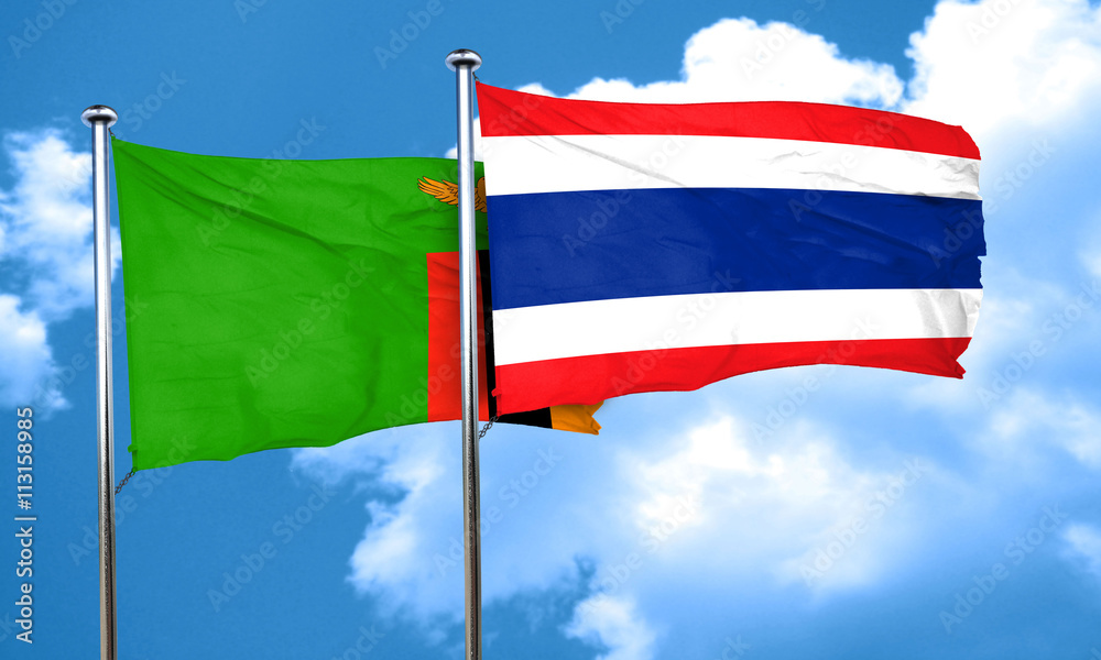 Zambia flag with Thailand flag, 3D rendering Zambia flag with Thailand flag, 3D rendering