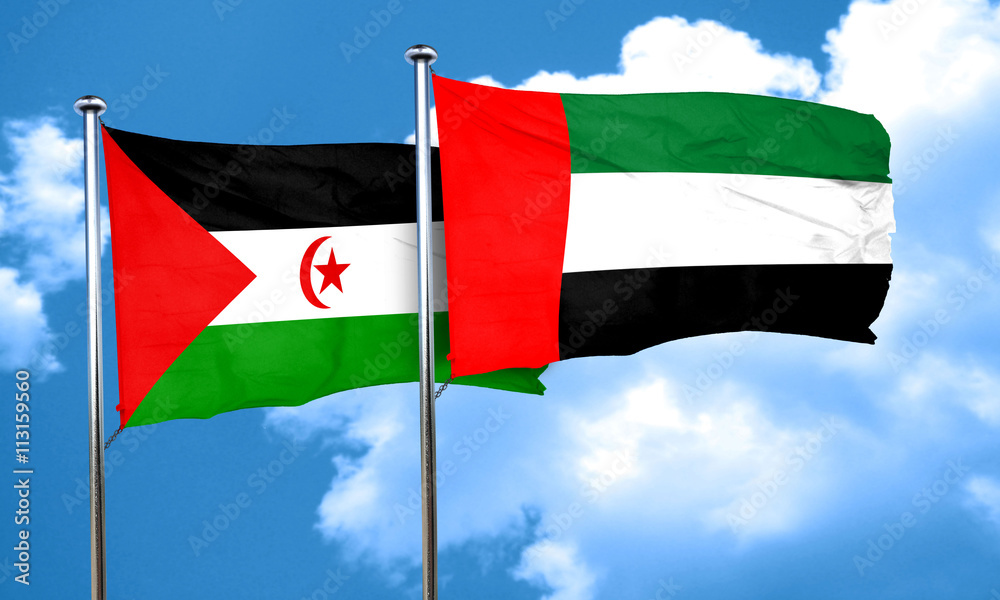 Western sahara flag with UAE flag, 3D rendering Western sahara flag with UAE flag, 3D rendering