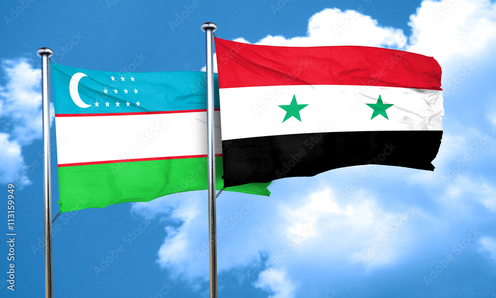 Uzbekistan flag with Syria flag, 3D rendering Uzbekistan flag with Syria flag, 3D rendering