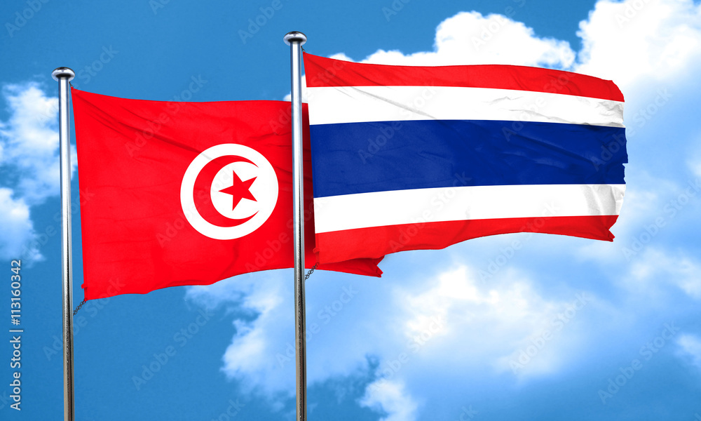 Tunesia flag with Thailand flag, 3D rendering Tunesia flag with Thailand flag, 3D rendering