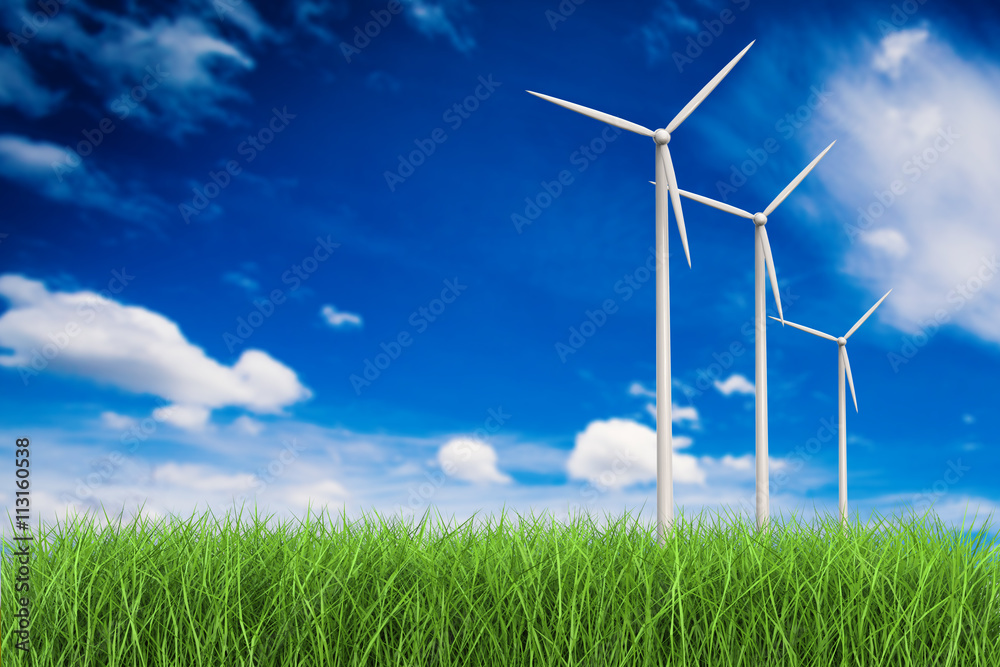 wind turbines in grass field wind turbines in grass field