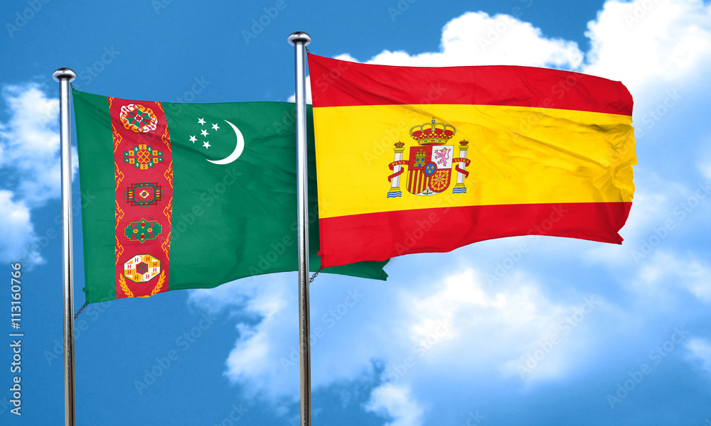 Turkmenistan flag with Spain flag, 3D rendering Turkmenistan flag with Spain flag, 3D rendering