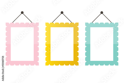 Cute pink, mint green and gold picture frame icons isolated on white background.