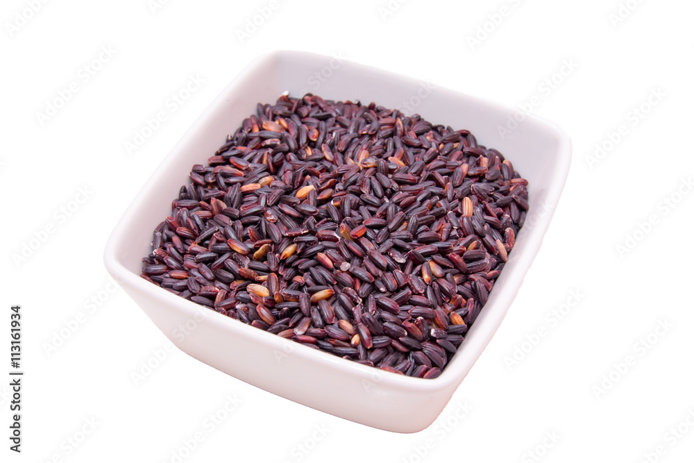 Black rice on a square bowl on white background Black rice on a square bowl on white background