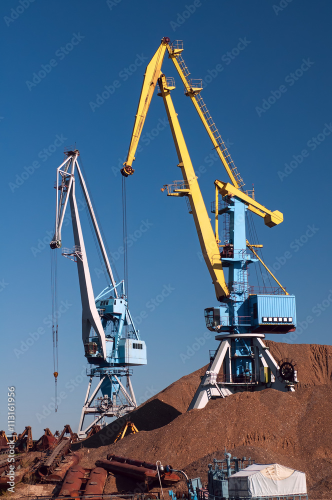 Huge industrial cranes working at the commercial dock, Russia, Kazan