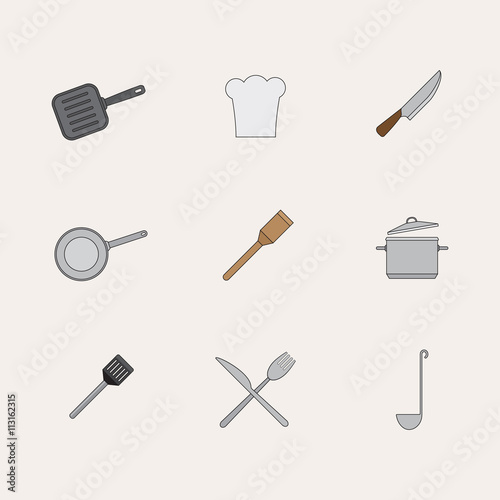 Kitchen and restaurant icon kitchenware set. Vector illustration.
