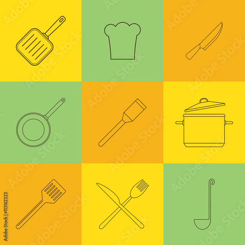 Kitchen and restaurant icon kitchenware set on tiles. Vector illustration.