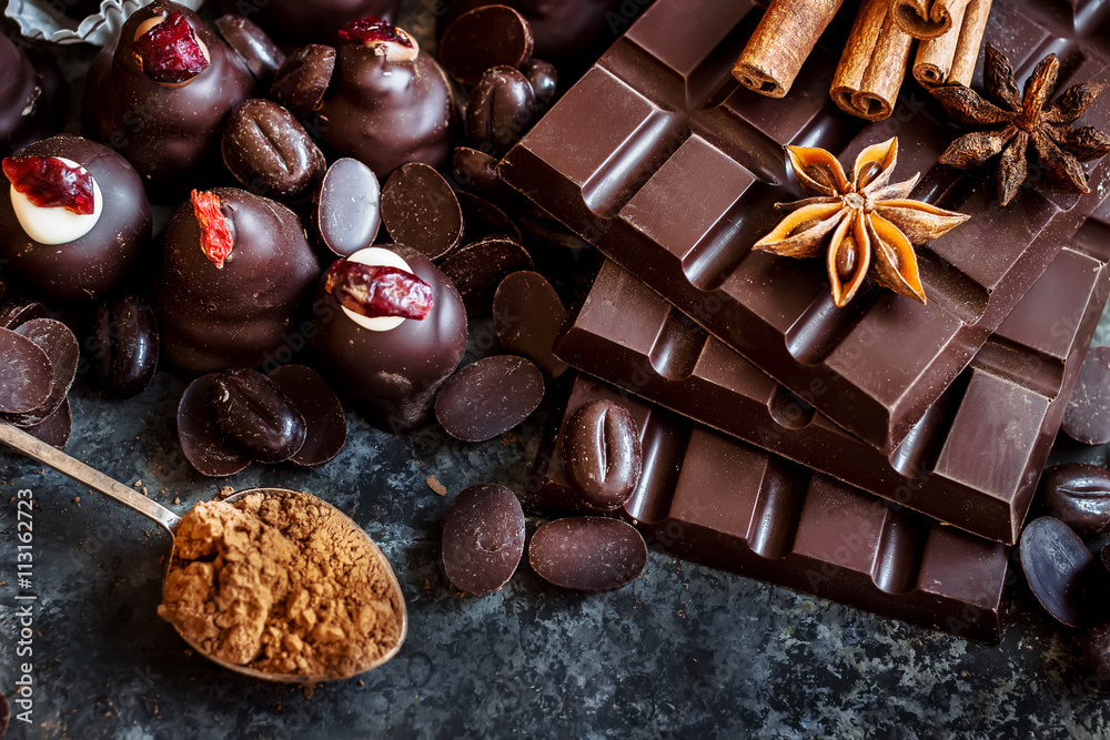 Assortment of dark and milk chocolate stack, sweets. Assortment of dark and milk chocolate stack, sweets.