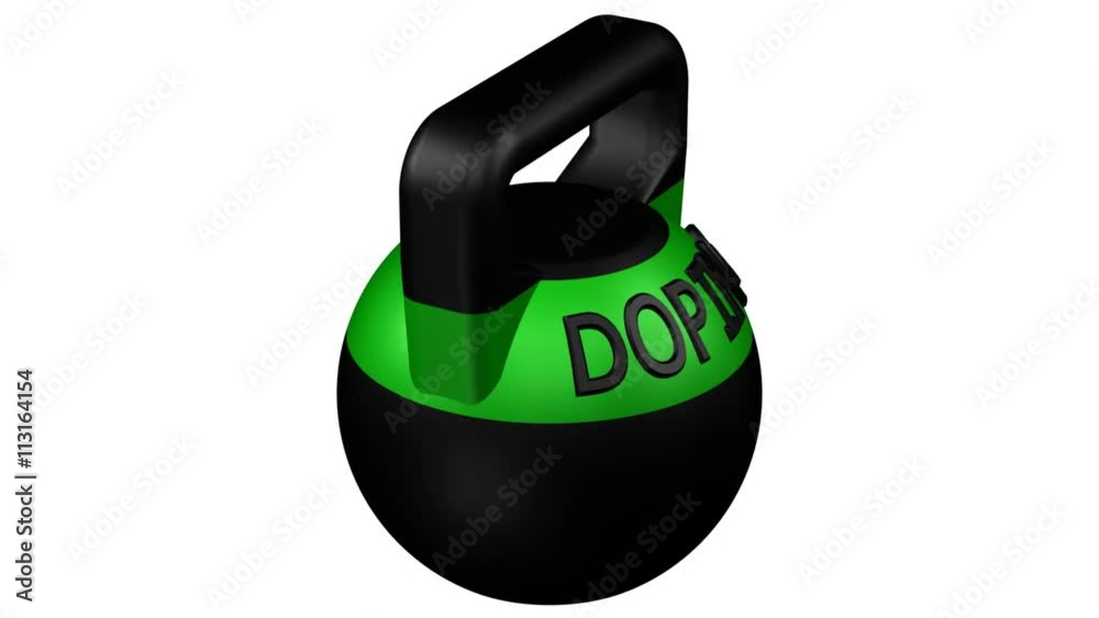 Concept: Sports doping. Kettlebell with word doping turn around. Loopable. Alpha channel. 3D rendering. Concept: Sports doping. Kettlebell with word doping turn around. Loopable. Alpha channel. 3D rendering.