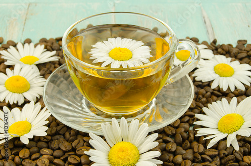 Tea with chamomile and coffee beans