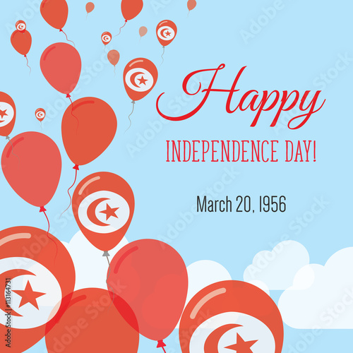 Independence Day Flat Greeting Card. Tunisia Independence Day. Tunisian Flag Balloons Patriotic Poster. Happy National Day Vector Illustration.