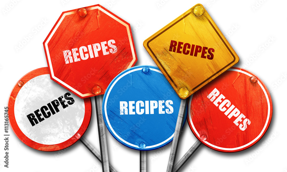 recipes, 3D rendering, street signs recipes, 3D rendering, street signs