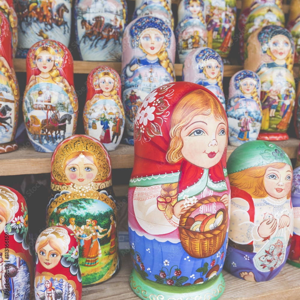 Very large selection of matryoshkas Russian souvenirs at the gift shop in Moscow