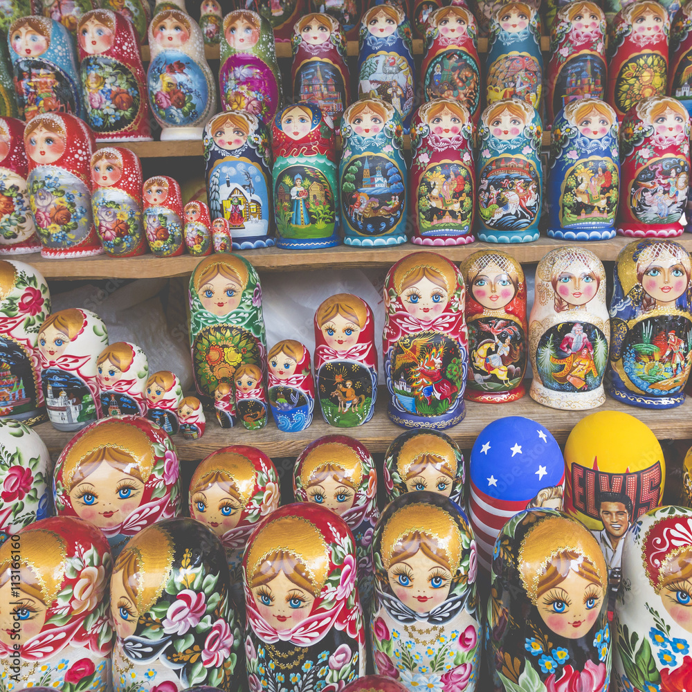 Fototapeta premium Very large selection of matryoshkas Russian souvenirs at the gift shop in Moscow