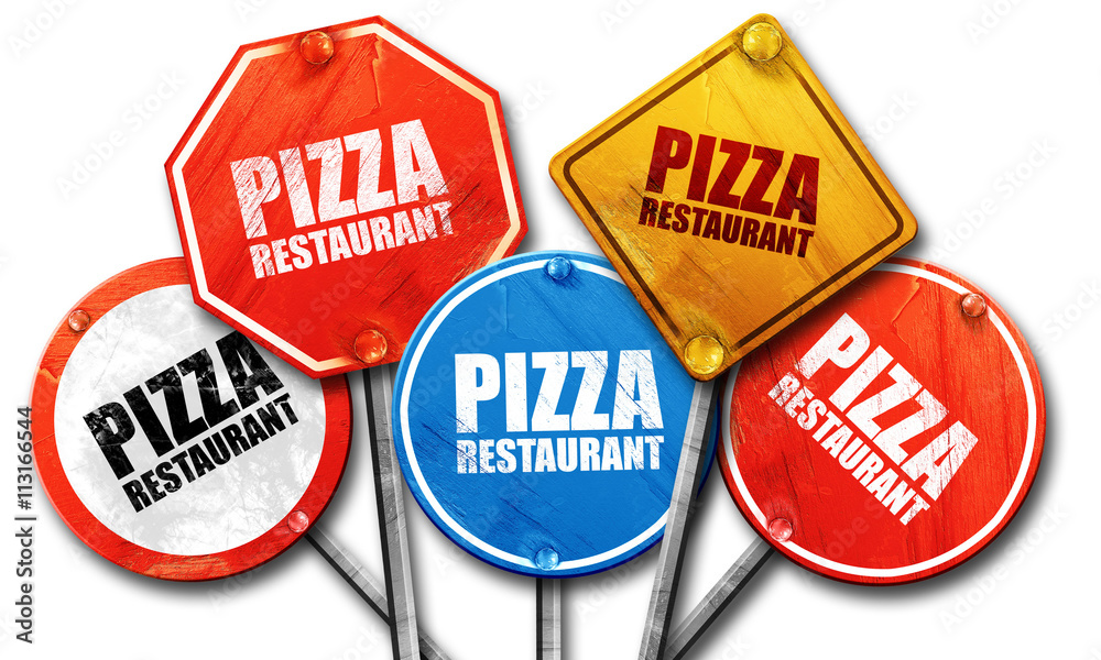 pizza restaurant, 3D rendering, street signs pizza restaurant, 3D rendering, street signs