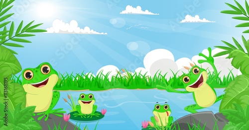 Fototapeta Naklejka Na Ścianę i Meble -  illustration of many frog playing in the river