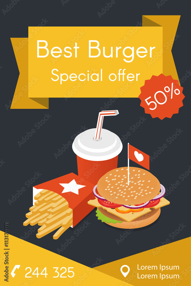 Fotografia Vector illustration of isometric food: burger, French fries