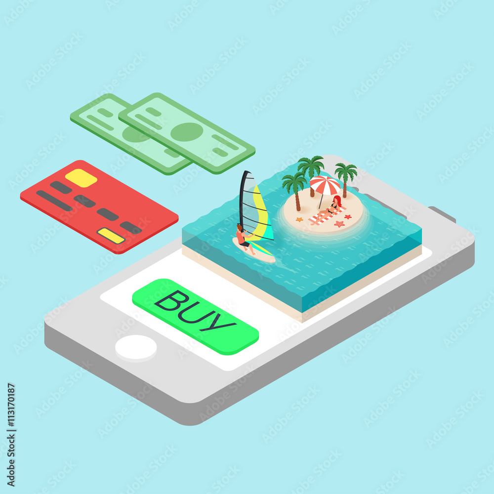 Fotografie Vector isometric concept for online purchase touristic tour.