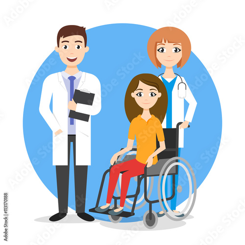 Vector illustration of disabled person in the wheelchair and doc