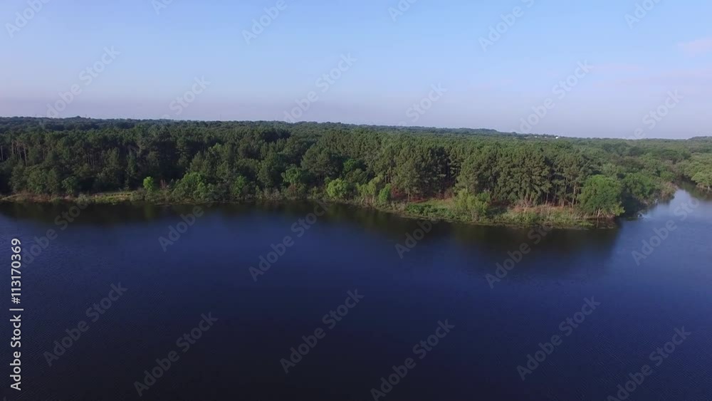 Aerial view over Black Creek Lake in LBJ Grasslands in Decatur Texas.