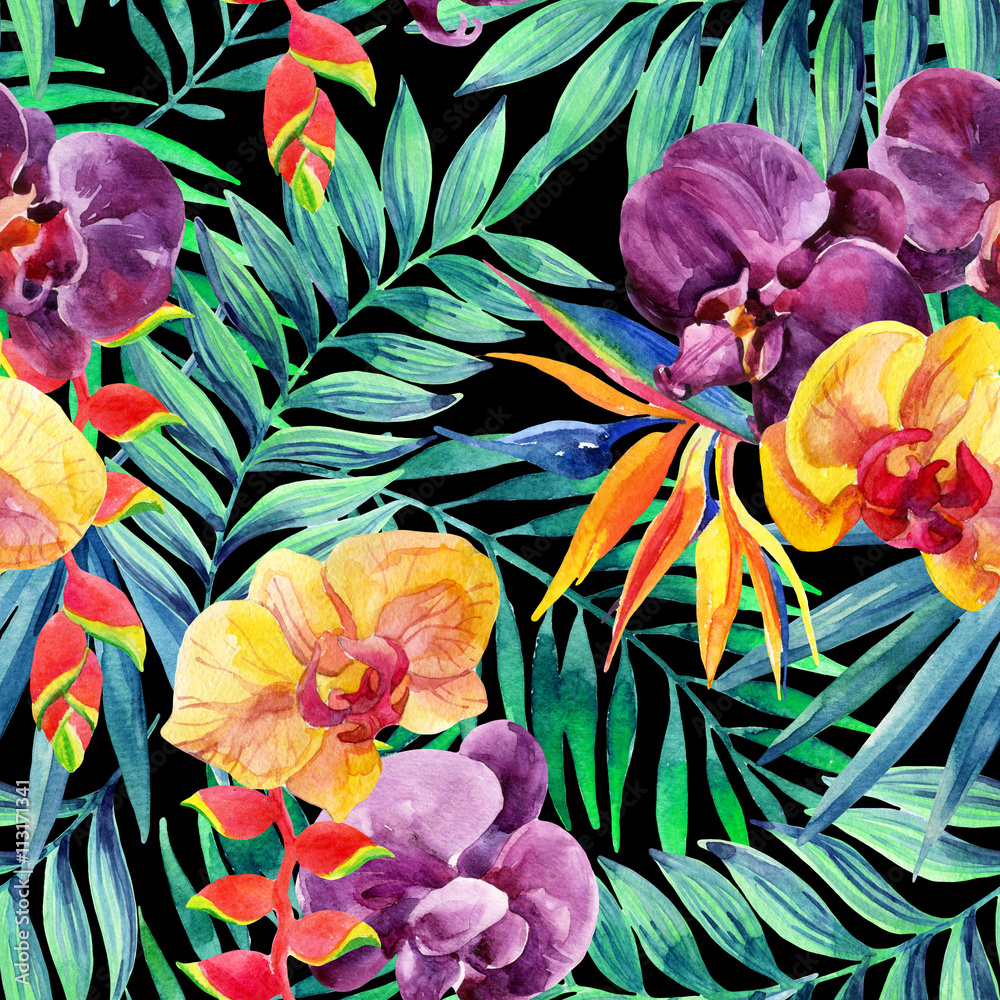 Fototapeta Malowane akwarelami tropikalne kwiaty i liście