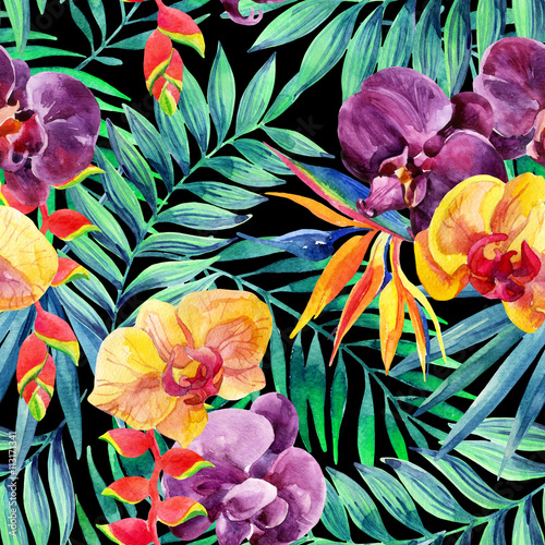 Fototapeta Malowane akwarelami tropikalne kwiaty i liście