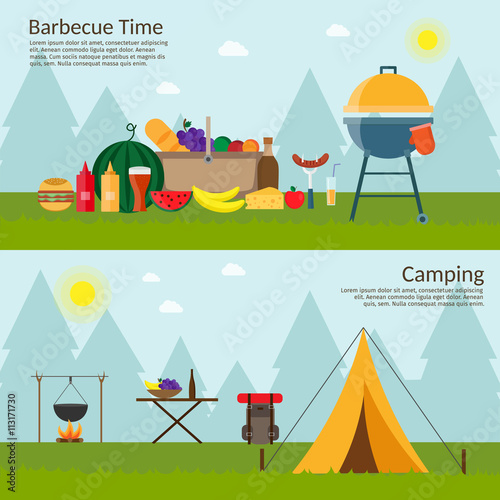 Fruit, wine, barbecue, picnic grill, watermelon on the grass. Summer picnic on meadow under umbrella. Picnic vector set.