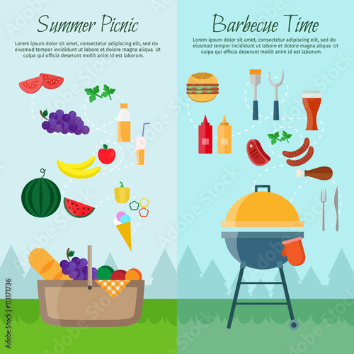 Fruit, wine, barbecue, picnic grill, watermelon on the grass. Summer picnic on meadow under umbrella. Picnic vector set.