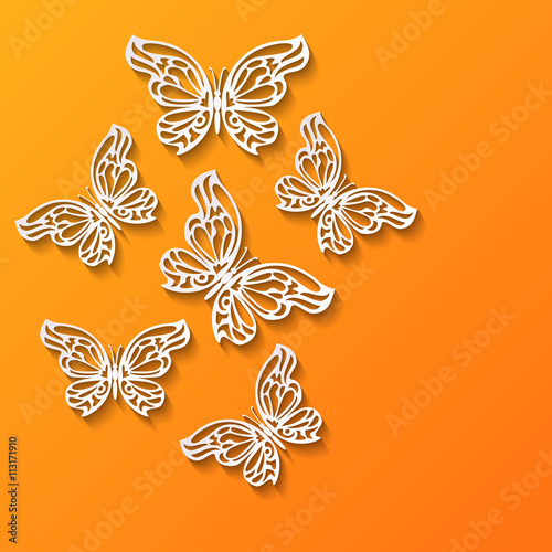 Abstract paper cut lacy flying butterflies on bright orange background. Vector illustration EPS 10