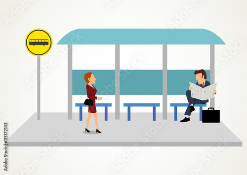 Woman and man waiting at the bus stop