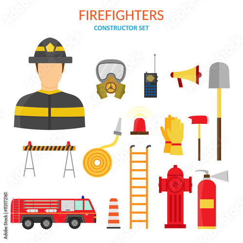 Vector flat illustration of firefighting character and infographic, axe, hook and hydrant, helicopter, hose, fire station, engine, alarm, extinguisher.