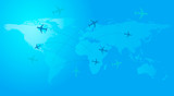 World travel map with airplanes. Vector illustration, flat design.